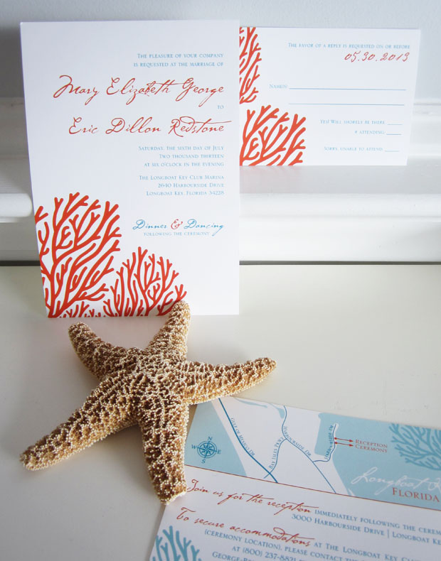 beachy coral wedding stationery in aqua and cherry