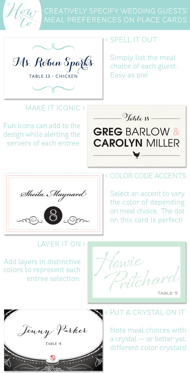 creative ways to specify wedding guests' entree selections on place cards