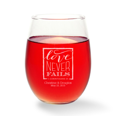 Love Never Fails Stemless Wine Glass