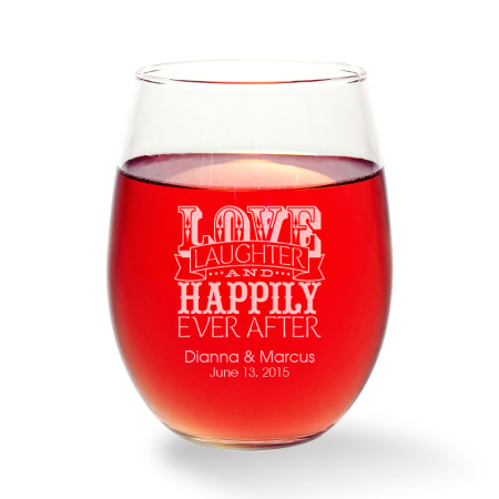 Love Laughter and Happily Stemless Wine Glass