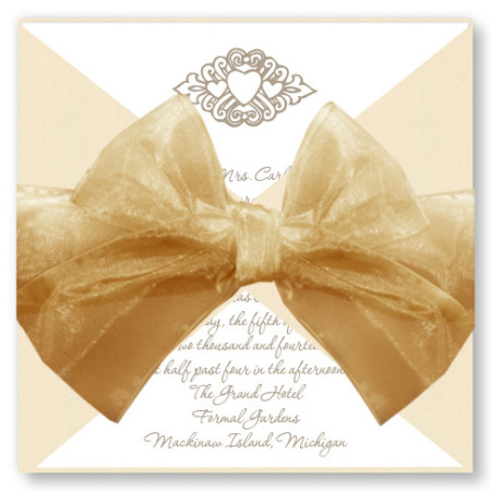 Wrapped Motif Wedding Invitations with Gold Ribbon and Ecru Wrap